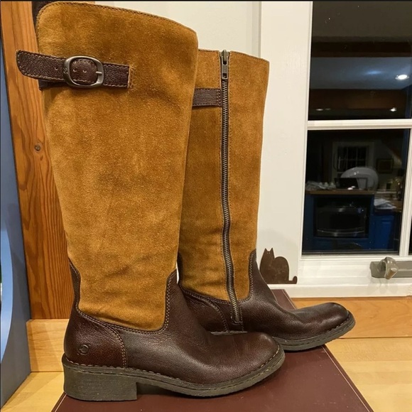 Born Crown Shoes - Born Crown “Beret” tall boots - tan suede with dark brown leather foot MSRP $355